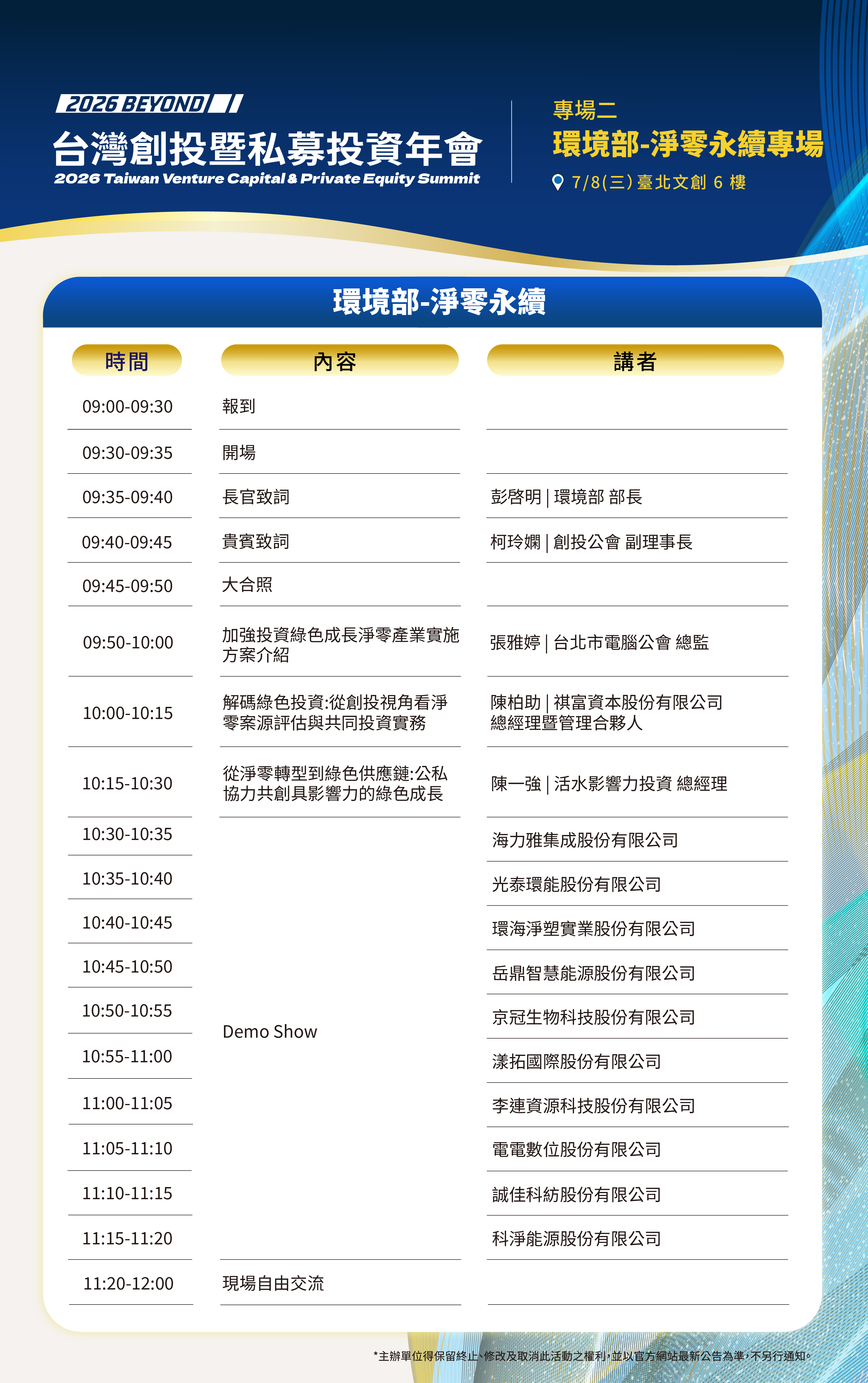 2026台灣創投暨私募投資年會「環境部-淨零永續專場」活動議程： 09:00-09:30 報到 09:30-09:35 開場 09:35-09:40 長官致詞：環境部 彭啟明部長 09:40-09:45 貴賓致詞：創投公會 柯玲嫻副理事長 09:45-09:50 大合照 09:50-10:00 方案介紹：加強投資綠色成長淨零產業實施方案（台北市電腦公會 張雅婷總監） 10:00-10:15 專題演講：解碼綠色投資：從創投視角看淨零專案評估與共同投資實務（祺富資本 陳柏助總經理） 10:15-10:30 專題演講：從淨零轉型到綠色供應鏈：公私協力共創具影響力的綠色成長（活水影響力投資 陳一強總經理） 10:30-11:20 Demo Show：海力雅集成、光泰環能、環海淨塑、岳鼎智慧能源、京冠生物、漾拓國際、李連資源、電電數位、誠佳科紡、科淨能源等10家企業簡報 11:20-12:00 現場自由交流